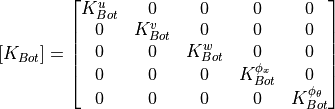 [K_{Bot}] = \begin{bmatrix}
      K_{Bot}^u &       0 &       0 &              0 &             0 \\
            0 & K_{Bot}^v &       0 &              0 &             0 \\
            0 &       0 & K_{Bot}^w &              0 &             0 \\
            0 &       0 &       0 & K_{Bot}^{\phi_x} &             0 \\
            0 &       0 &       0 &              0 &K_{Bot}^{\phi_\theta}
                \end{bmatrix}
