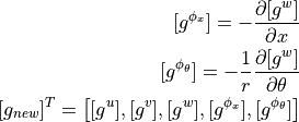 [g^{\phi_x}] = - \frac {\partial [g^w]} {\partial x} \\
[g^{\phi_\theta}] = - \frac 1 r \frac {\partial [g^w]} {\partial \theta} \\
[g_{new}]^T = \left[ [g^u], [g^v], [g^w],
                      [g^{\phi_x}], [g^{\phi_\theta}] \right]